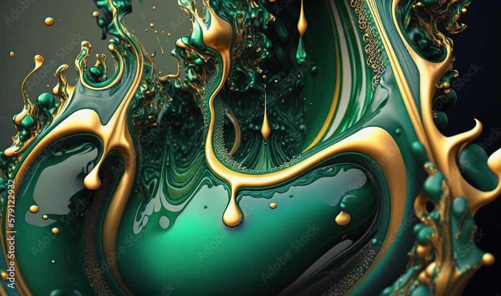  a green and gold abstract background with liquid drops and bubbles on the bottom of the image and t