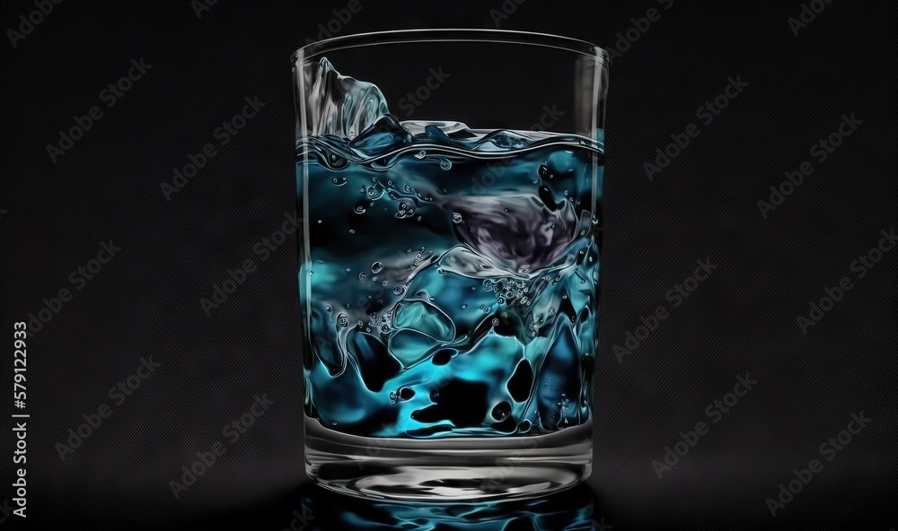  a glass filled with water and ice on a black surface with a reflection of the water and ice on the 