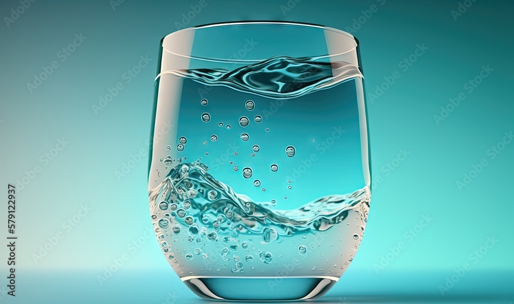  a glass filled with water on top of a blue tablecloth and a blue background with a wave of water co