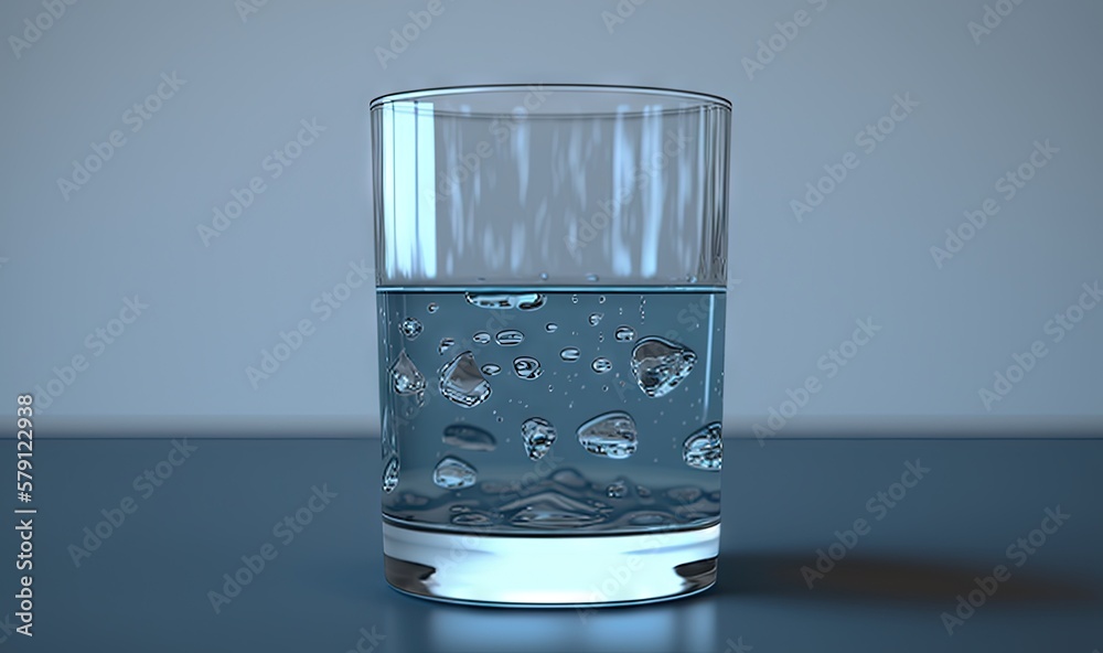  a glass filled with water sitting on top of a table next to a gray wall and a black table top with 