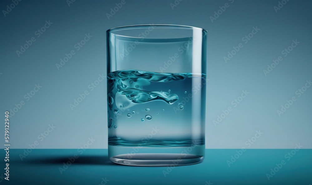  a glass filled with water on top of a blue tablecloth with a blue background and a blue background 