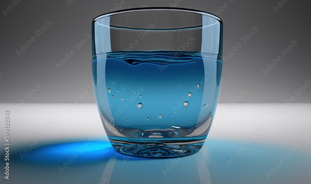  a blue glass with water in it on a white surface with a blue circle around the edge of the glass an