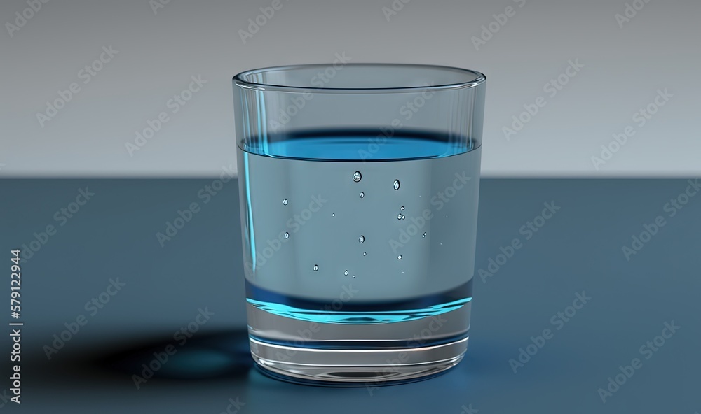  a glass filled with water on top of a blue counter top next to a gray wall and a gray floor with a 