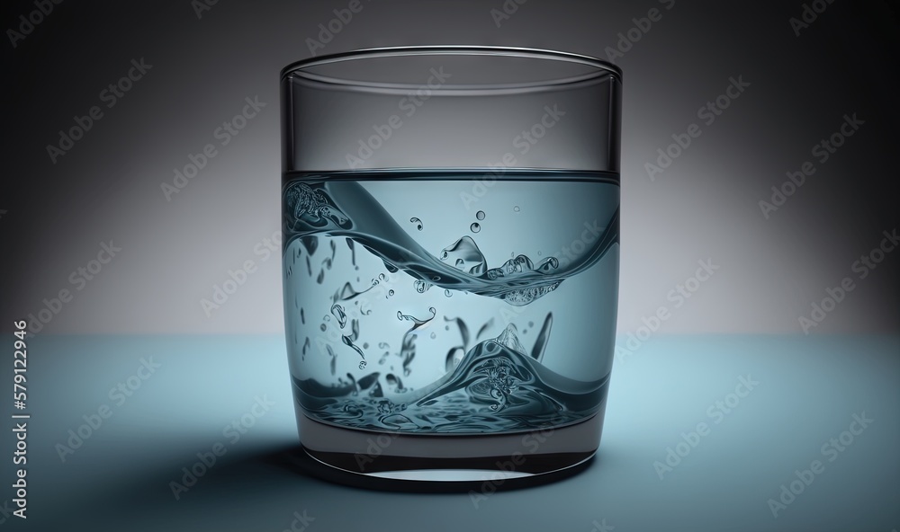  a glass filled with water on top of a blue table top next to a gray wall and a black background wit