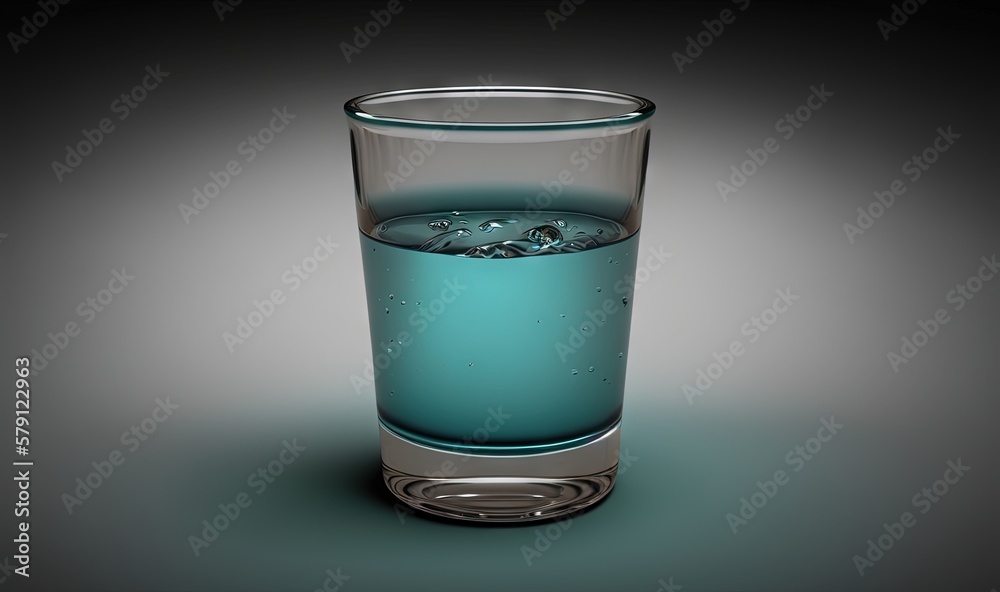  a glass filled with water on top of a gray tablecloth with a black background and a gray background