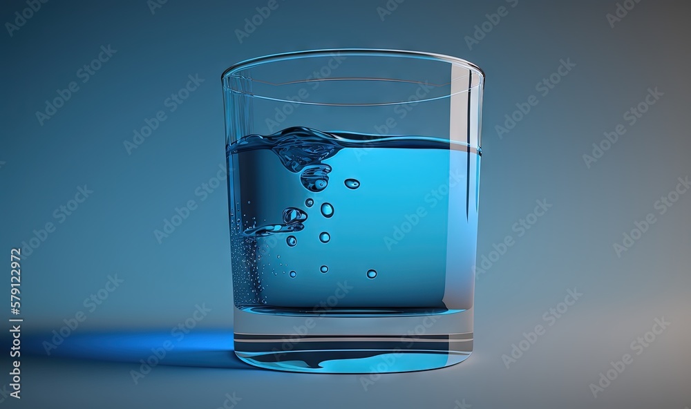  a glass of water with ice cubes on the bottom of it and a blue light reflecting off the side of the