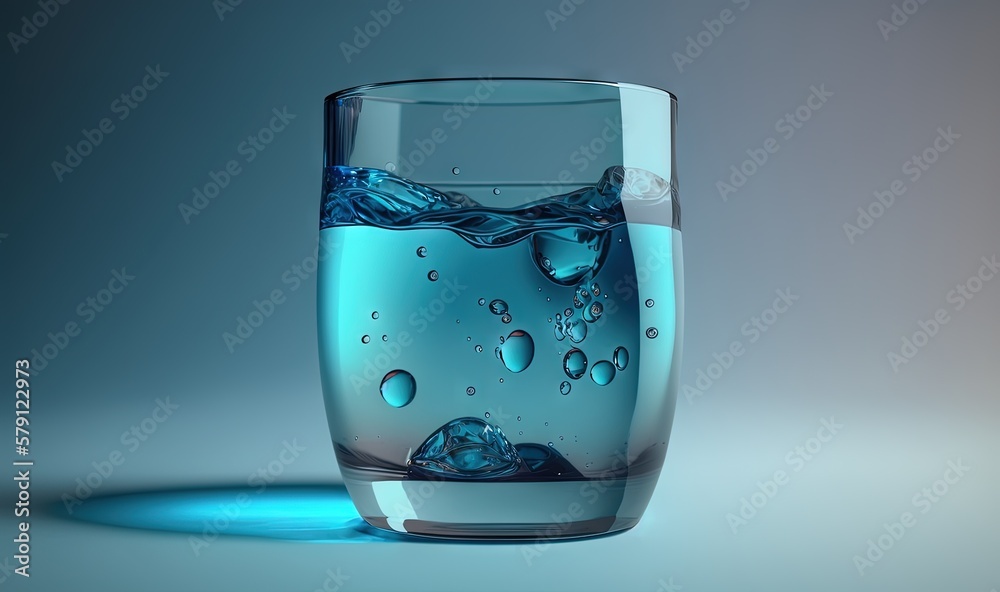  a glass of water with bubbles and water droplets on a gray background with a blue light reflecting 