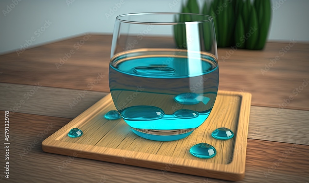  a glass of blue liquid on a wooden tray with a cactus in the backgrouf of the image in a 3d renderi