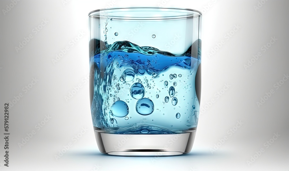  a glass filled with water and bubbles on a white background with a light reflection on the bottom o