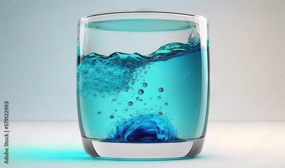  a glass filled with blue liquid and water on a white surface with a light blue back ground and a li