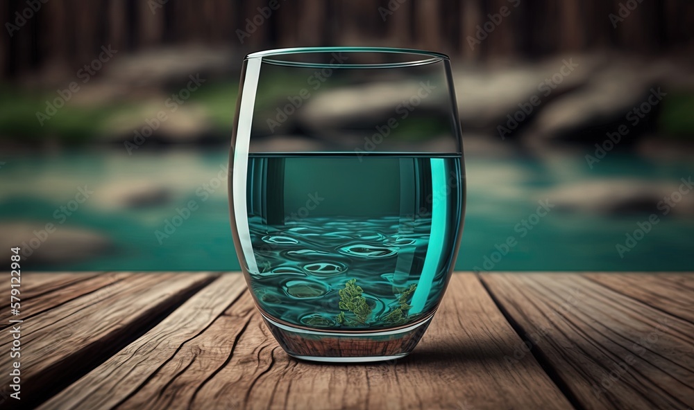  a glass filled with water sitting on top of a wooden table next to a body of water with rocks in th