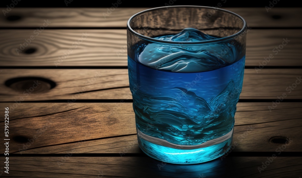  a glass of water on a table with a wooden table in the background and a wooden table in the foregro