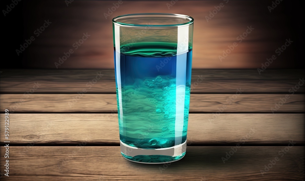  a blue and green liquid in a glass on a wooden table with a black background and a wooden table wit