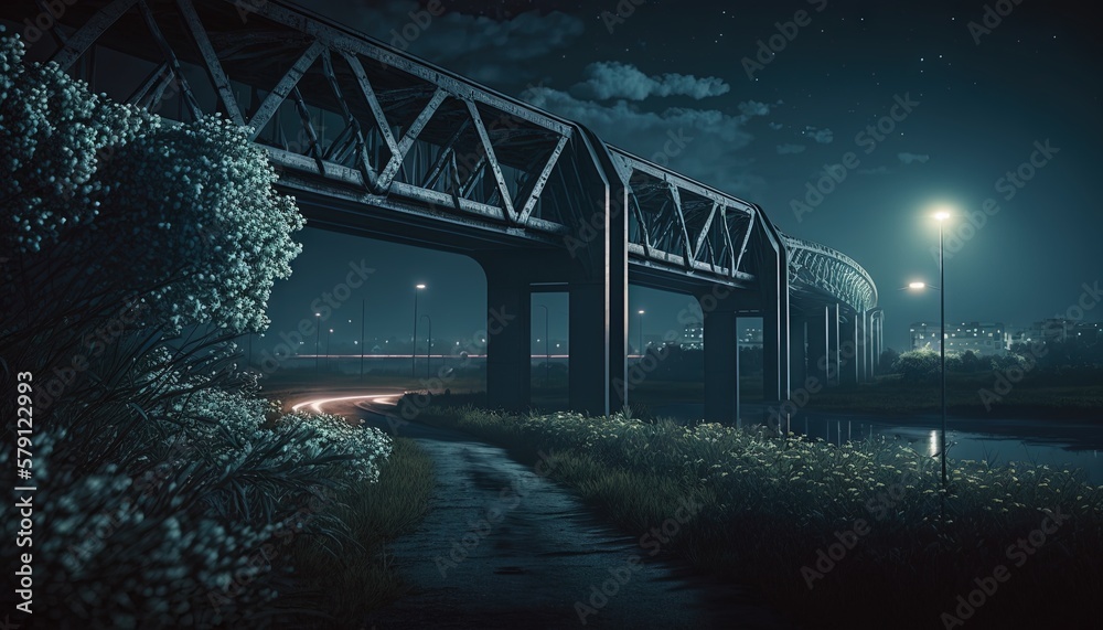  a night scene with a bridge and a street light in the distance and a body of water in the foregroun