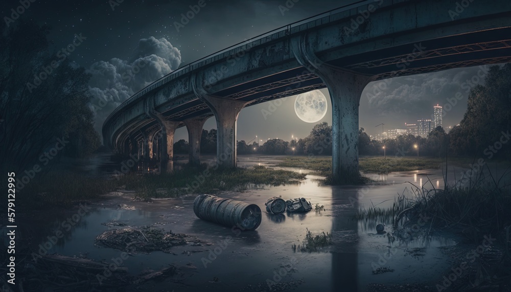  a painting of a river under a bridge at night with a full moon in the sky and a barrel of liquor in