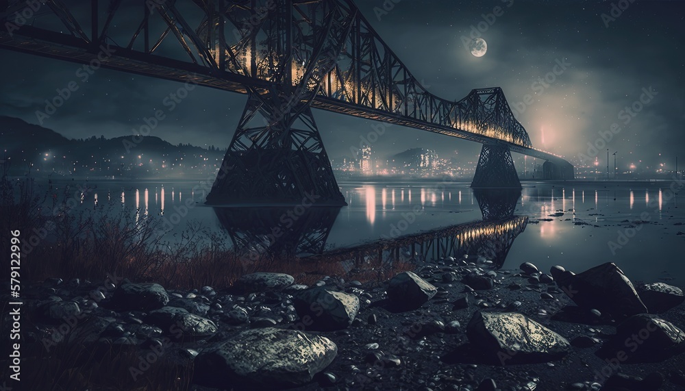  a night scene of a large bridge over a body of water with a full moon in the sky above it and a few