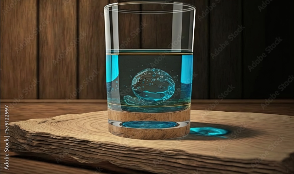  a glass of blue liquid on a wooden table with a wooden slice of wood in front of it and a wooden ba