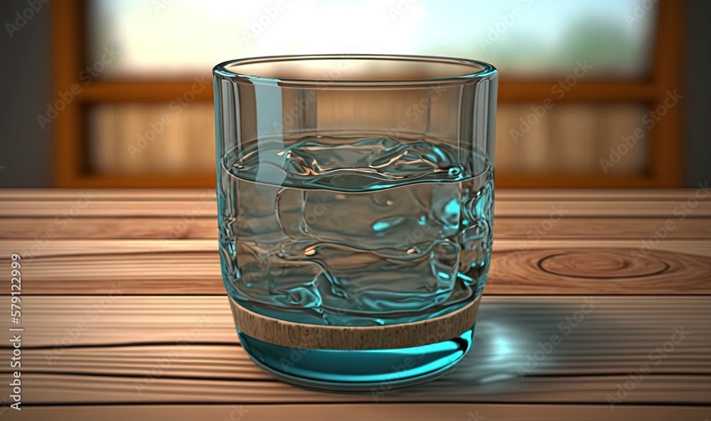  a glass of water on a wooden table with a window in the backgroup of the room in the backgroup.  ge