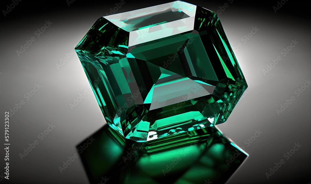  an emerald colored diamond on a black background with a reflection on the surface of the image and 