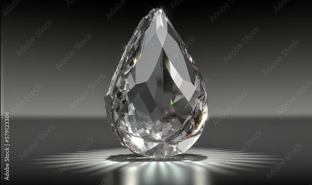  a very large diamond on a reflective surface with a light shining on its side and a shadow on the 