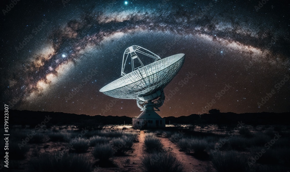  a very large satellite dish sitting in the middle of a field under a night sky filled with stars an