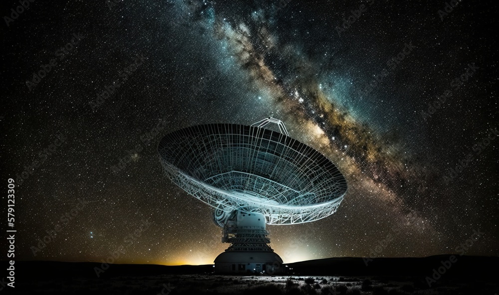  a very large satellite dish in the middle of a field with the milky in the background and stars in 