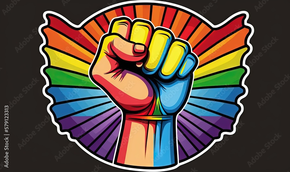  a hand with a raised fist in a rainbow colored circle on a black background with the colors of the 