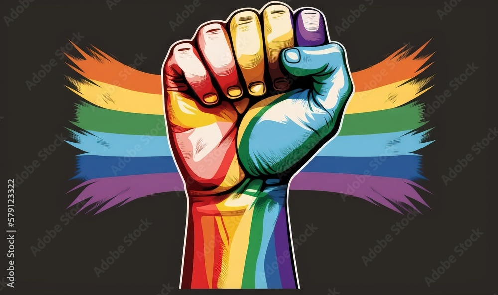  a hand with a rainbow painted on it holding a fist up in the air with a rainbow behind it and a bla