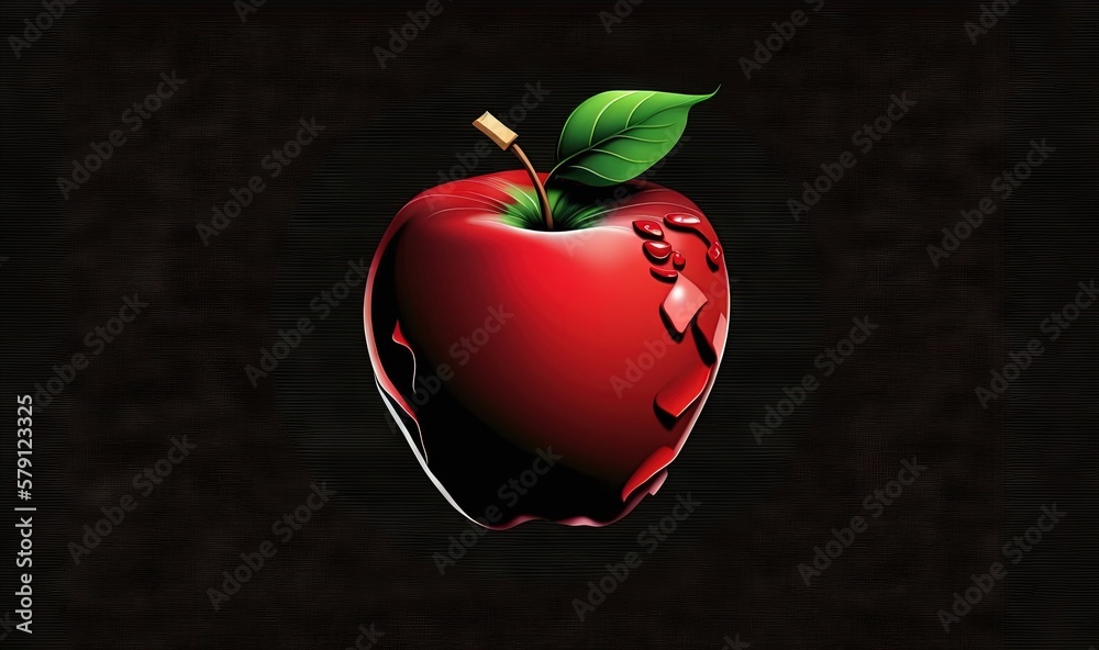  a red apple with a green leaf on its stem and a bite taken out of the side of it with a black back