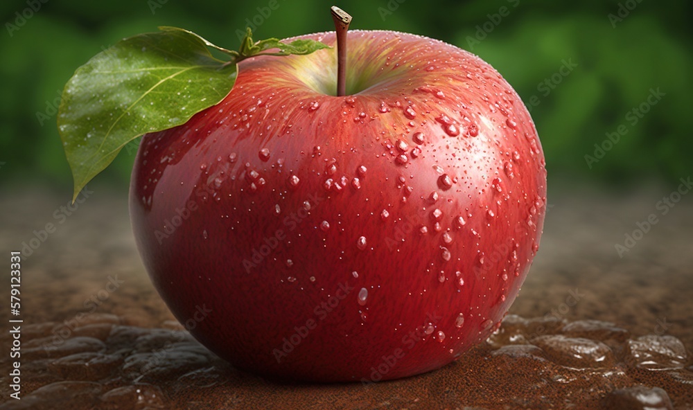  a red apple with a green leaf on top of a brown surface with water droplets on it and a green leaf 