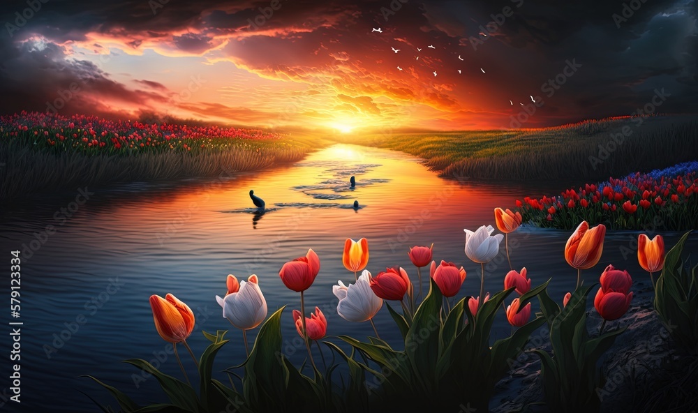  a painting of a sunset over a lake with ducks and tulips in the foreground and a sunset in the back