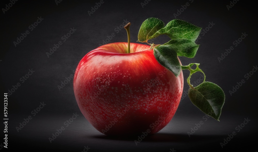  a red apple with a green leaf on a black background with a dark back ground and a black back ground