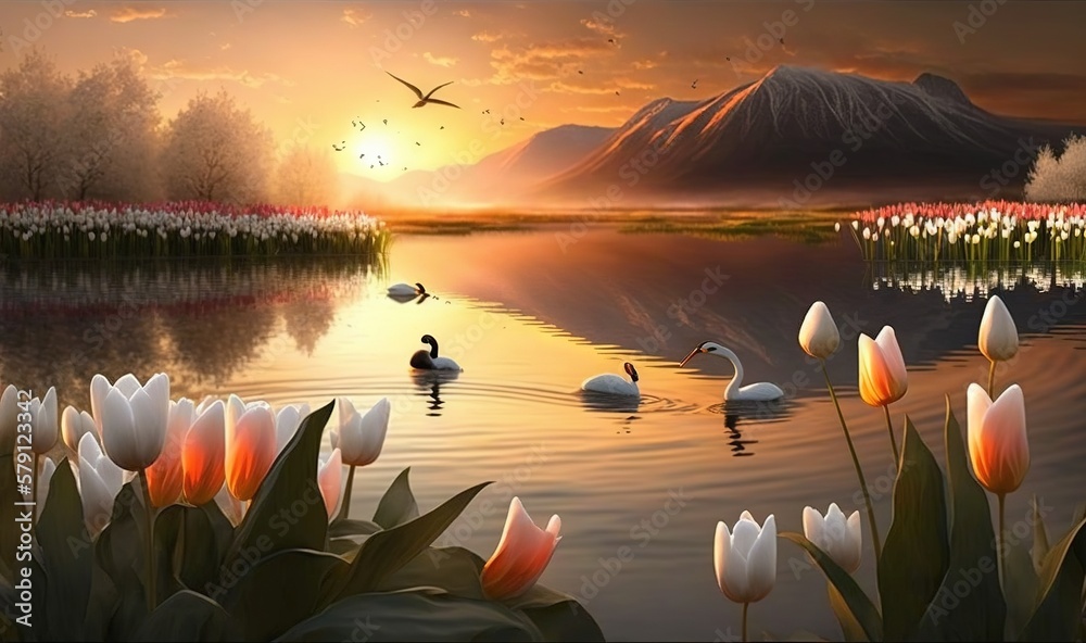  a painting of a lake with swans and tulips in the foreground and a bird flying over the water and a