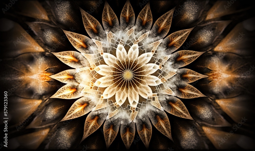  a computer generated image of a flower in brown and white colors with a black background and a yell