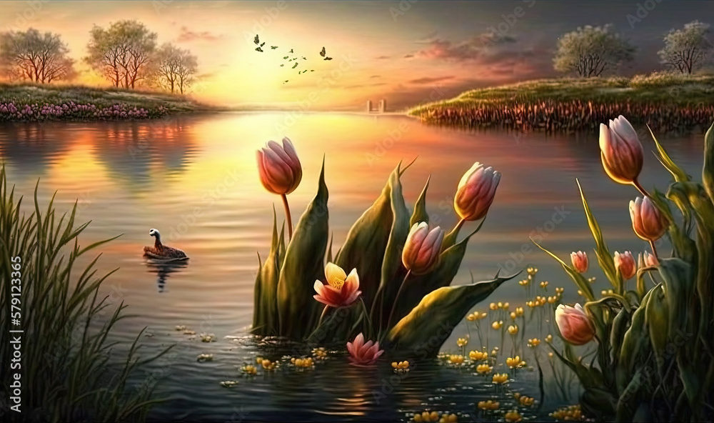  a painting of a sunset with a duck and flowers in the water and birds flying over the water and tre