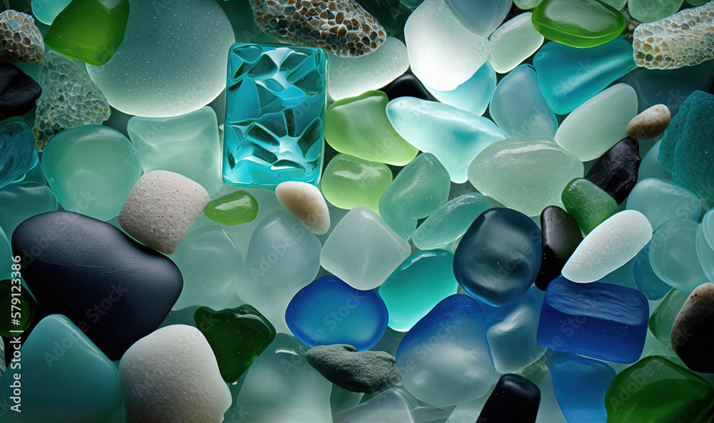  a pile of sea glass sitting next to a starfish on top of a table next to a pile of rocks and a star