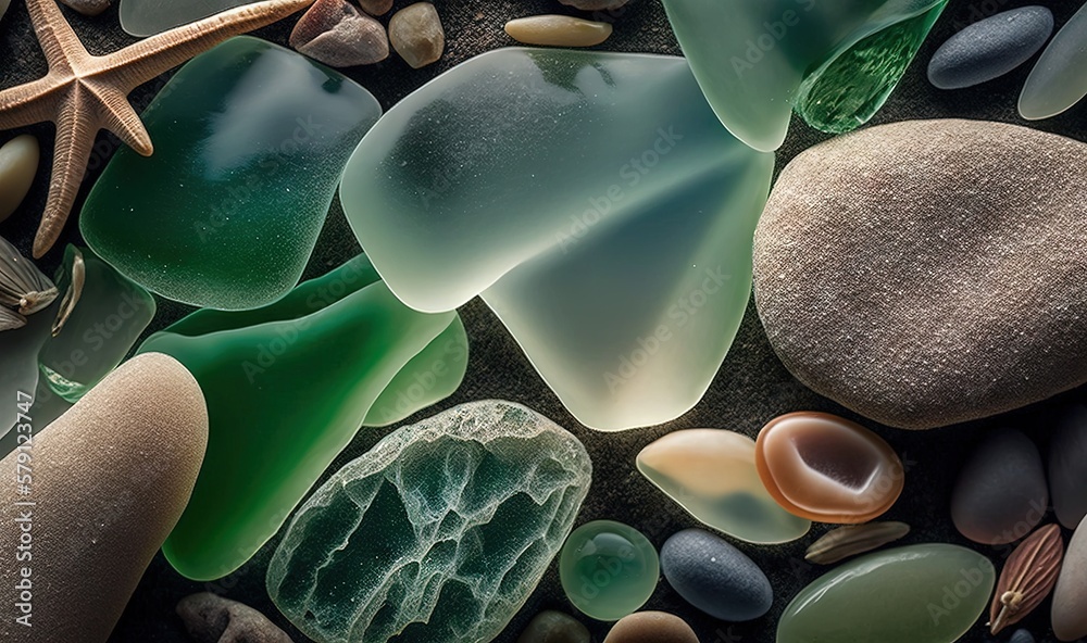  a starfish laying on top of a pile of sea glass and pebbles on a beach next to a starfish on a rock