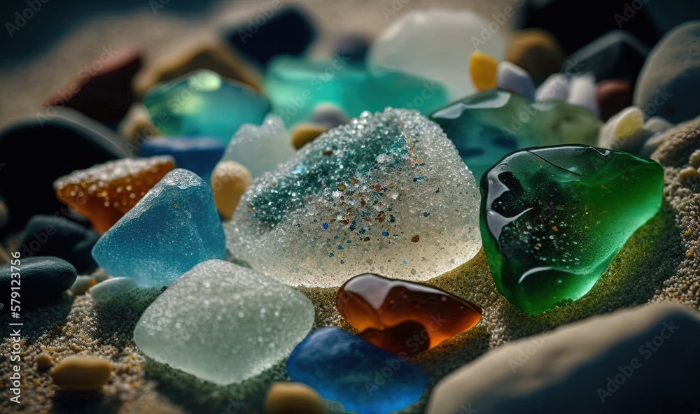  a pile of sea glass sitting on top of a sandy beach next to a blue ocean glass bowl with sea glass 