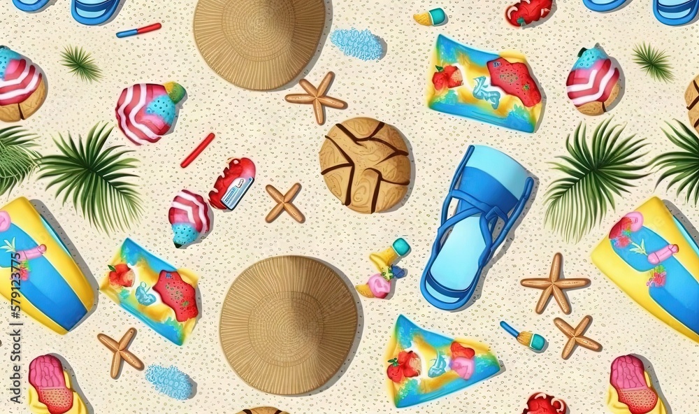  a pattern of beach items on a white background with a palm tree and a hat on top of the hat is a be