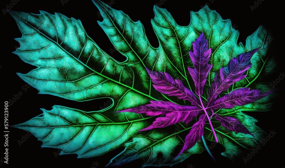  a green and purple leaf on a black background with a green center and purple leaves on the top of t