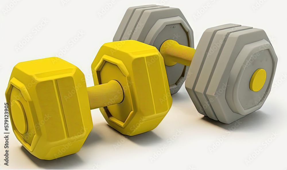  a pair of yellow and gray dumbbells on a white background with a white back ground and a white back