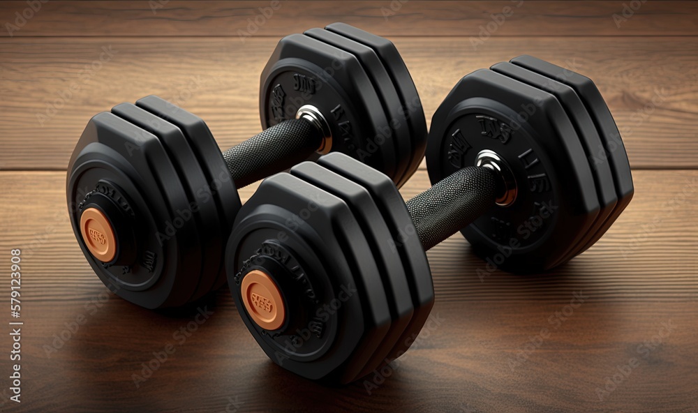  two black dumbbells on a wooden table with a brown background and a black one on the left side of t