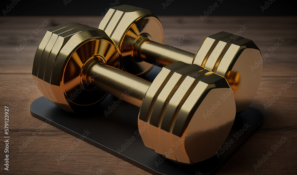  a pair of gold dumbs sitting on top of a black plate on a wooden table with a black background and 