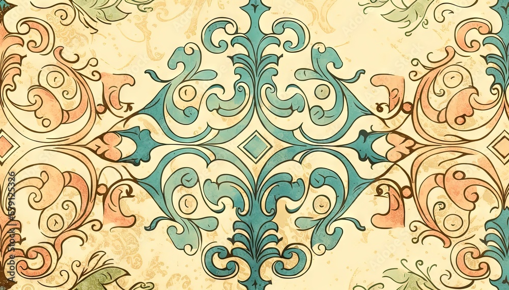  a very ornate wallpaper with a blue and pink design on the back of the wall and a green and pink de