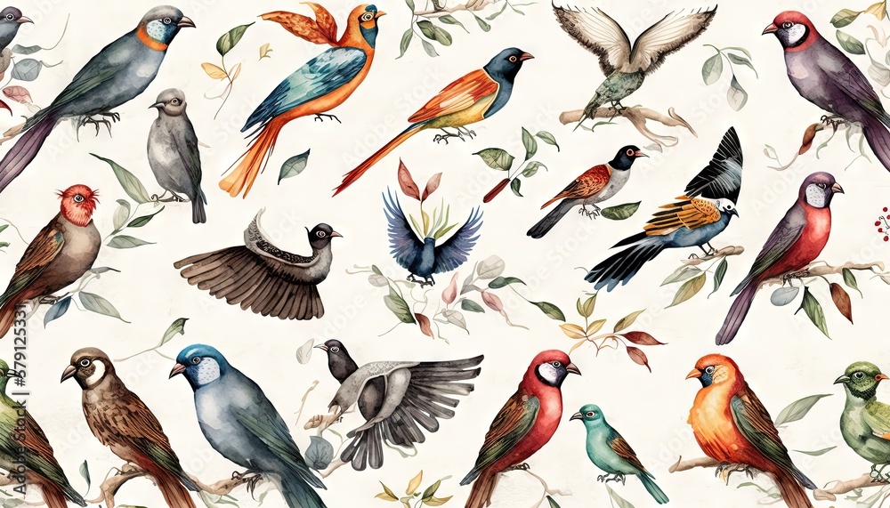  a bunch of birds that are sitting on a tree branch in a pattern on a white wallpaper with leaves an