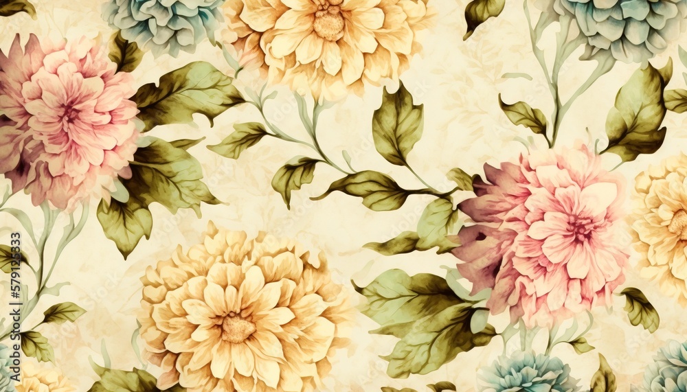  a floral wallpaper with many different flowers on a cream background with green leaves and flowers 