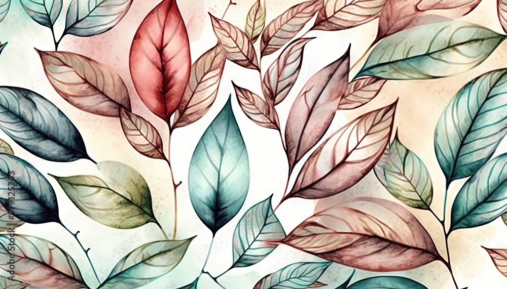  a watercolor painting of leaves on a white background with green, red and blue leaves on the bottom