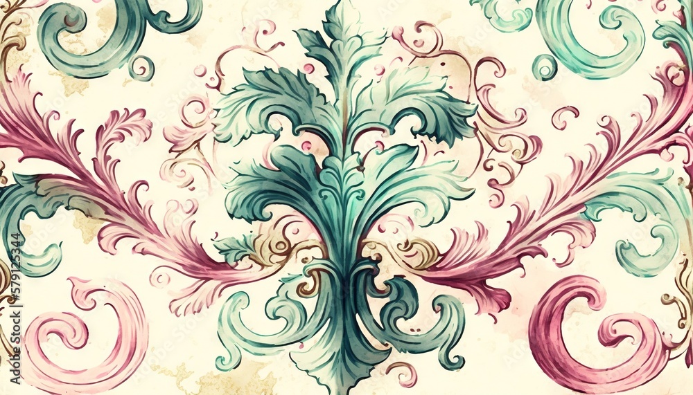  a painting of a floral design on a white wallpaper with blue, pink, and green swirls and leaves on 