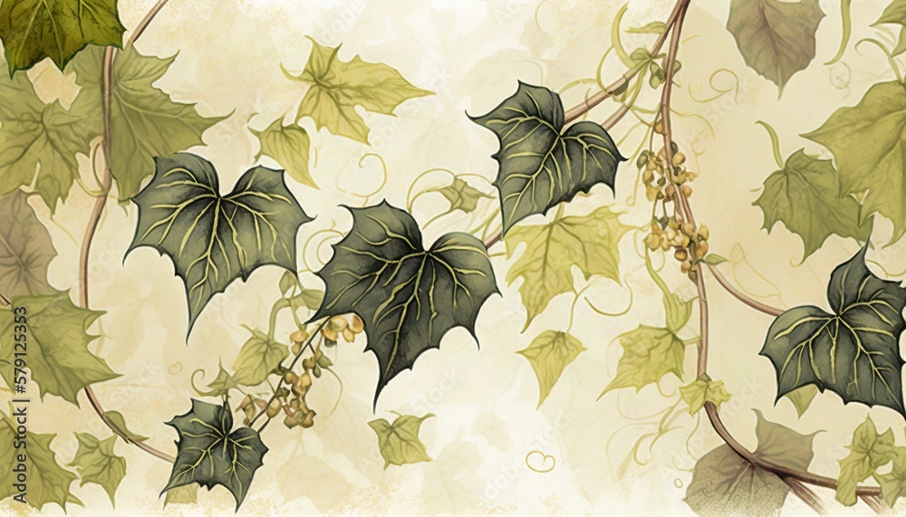  a painting of a vine with green leaves and berries on its vinevines, with a beige background with 