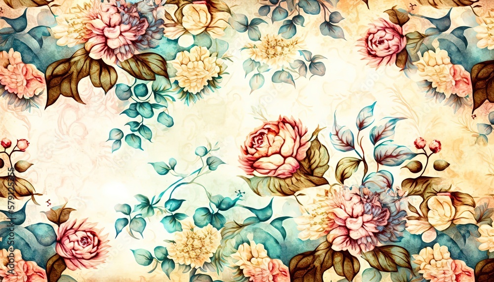  a painting of flowers on a white background with blue and pink flowers and leaves on the bottom of 